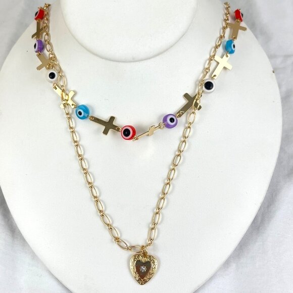 Charming Charlie Gold Tone Hypoallergenic Necklace With Multicolor Beads & Cross - Picture 1 of 5
